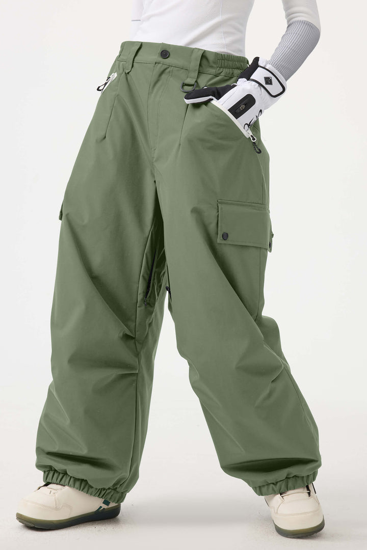 Women's Dark Green Baggy Wear-resistant Waterproof Snow Pants