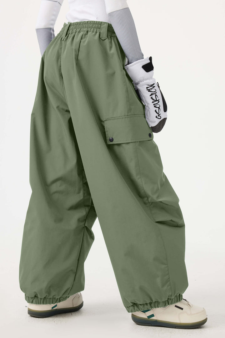 Women's Dark Green Baggy Wear-resistant Waterproof Snow Pants