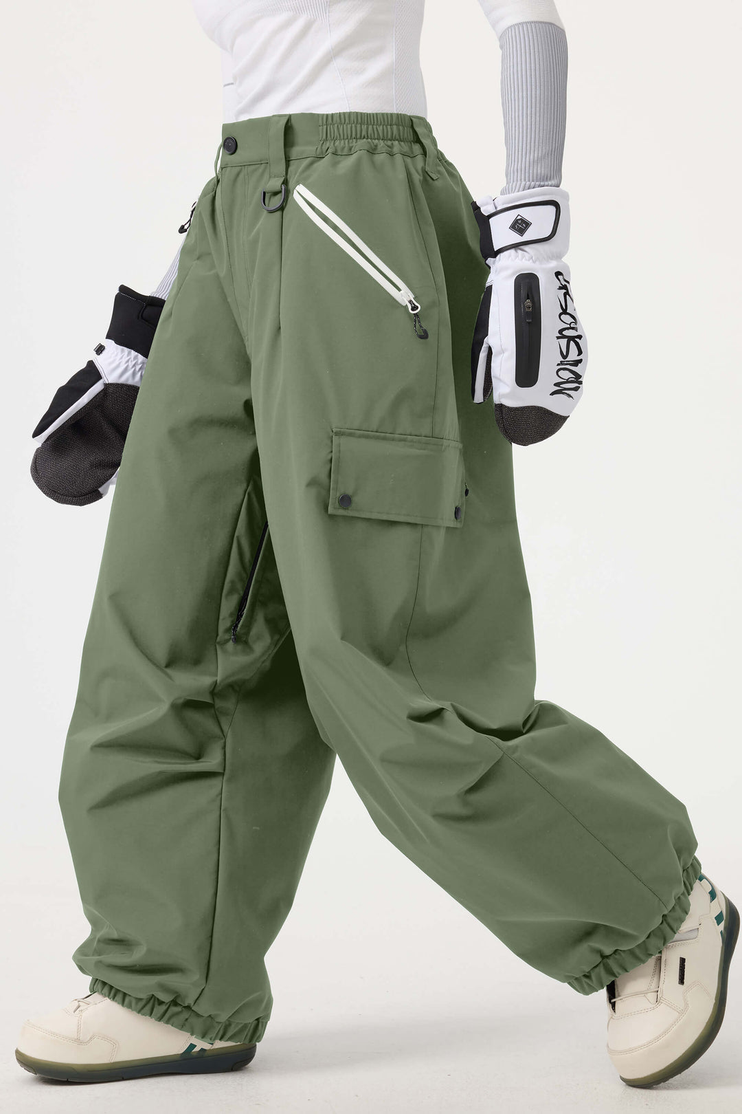 Women's Dark Green Baggy Wear-resistant Waterproof Snow Pants