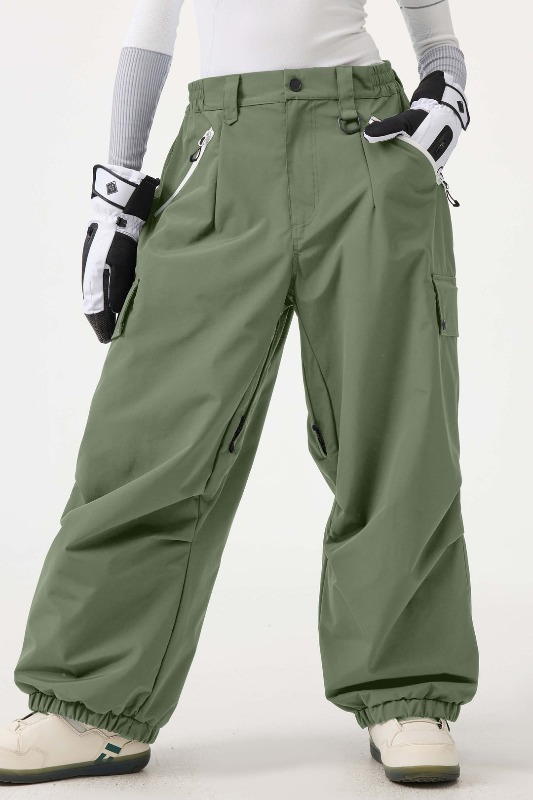 Women's Dark Green Baggy Wear-resistant Waterproof Snow Pants