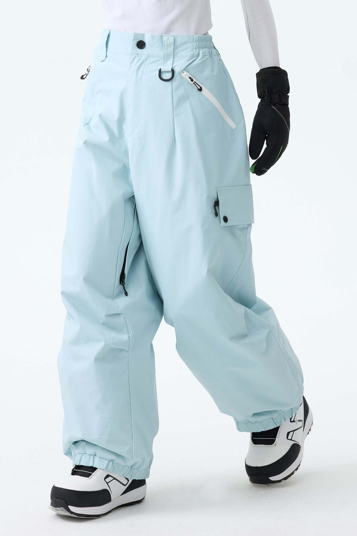 Women's Ice Blue Baggy Wear-resistant Waterproof Snow Pants