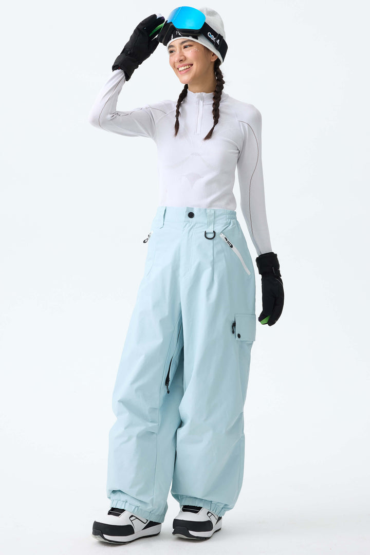 Women's Ice Blue Baggy Wear-resistant Waterproof Snow Pants
