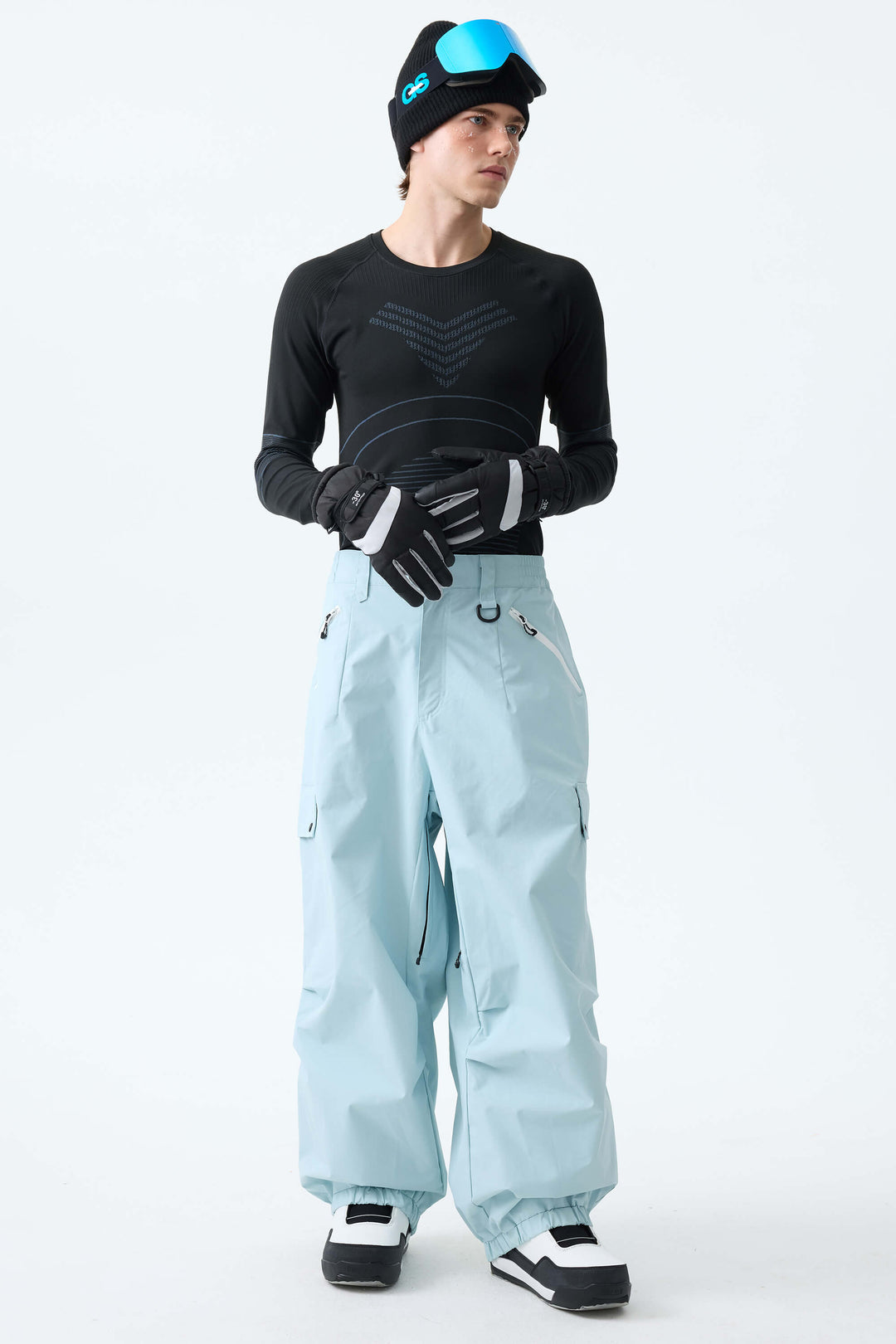 Men's Ice Blue Baggy Wear-resistant Waterproof Snow Pants