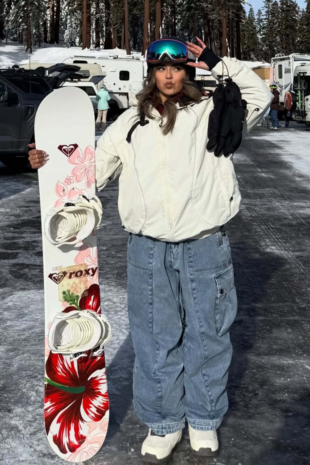 Women's Beige Baggy Oxford Wear-resistant Snow Pants