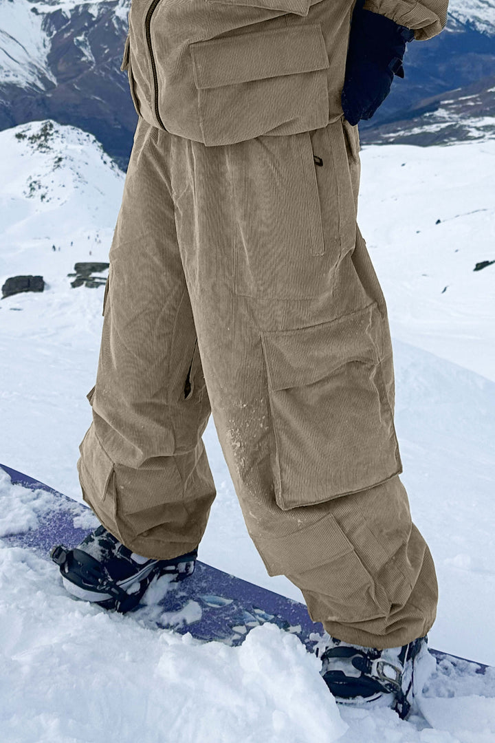 Women's Black Baggy Multi-Pocket Corduroy Snow Pants