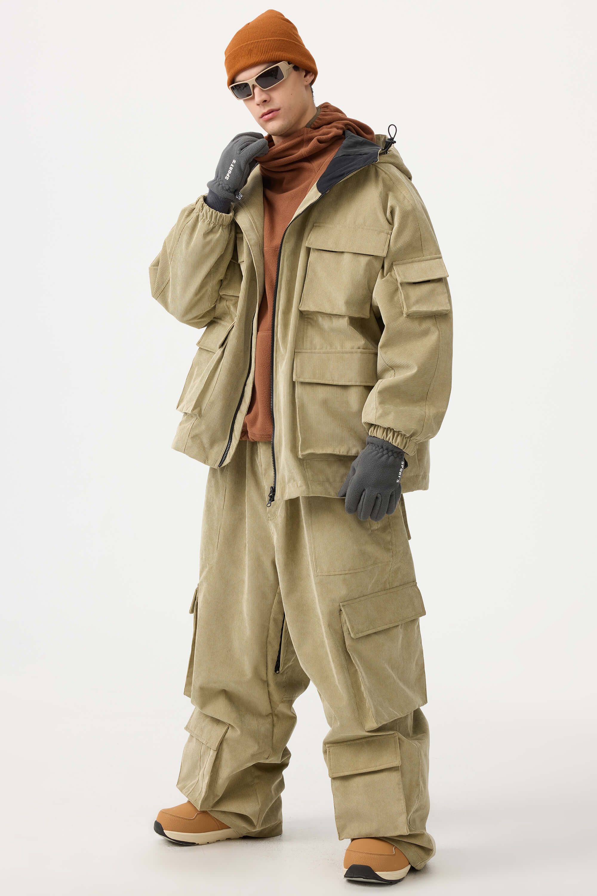 メンズ ブラック バギー マルチポケット コーデュロイ スノーパンツ