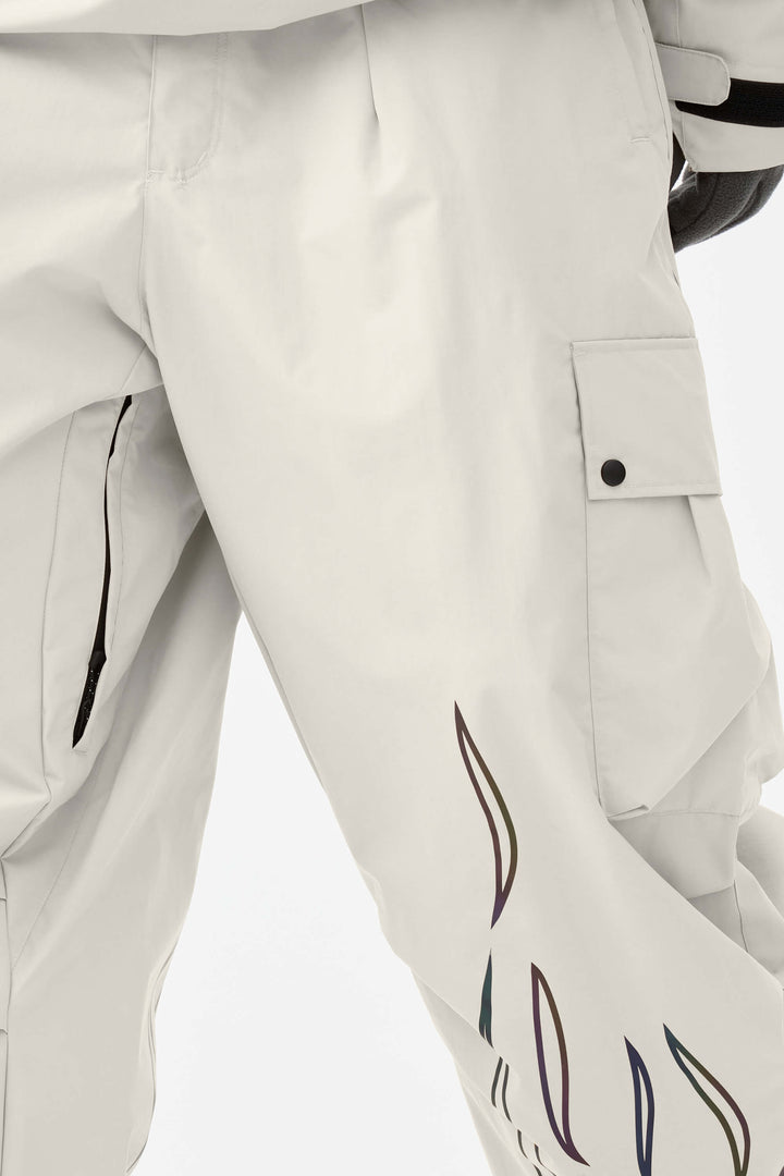 Męskie, wytrzymałe, odblaskowe spodnie śnieżne w kolorze off-white z efektem płomienia