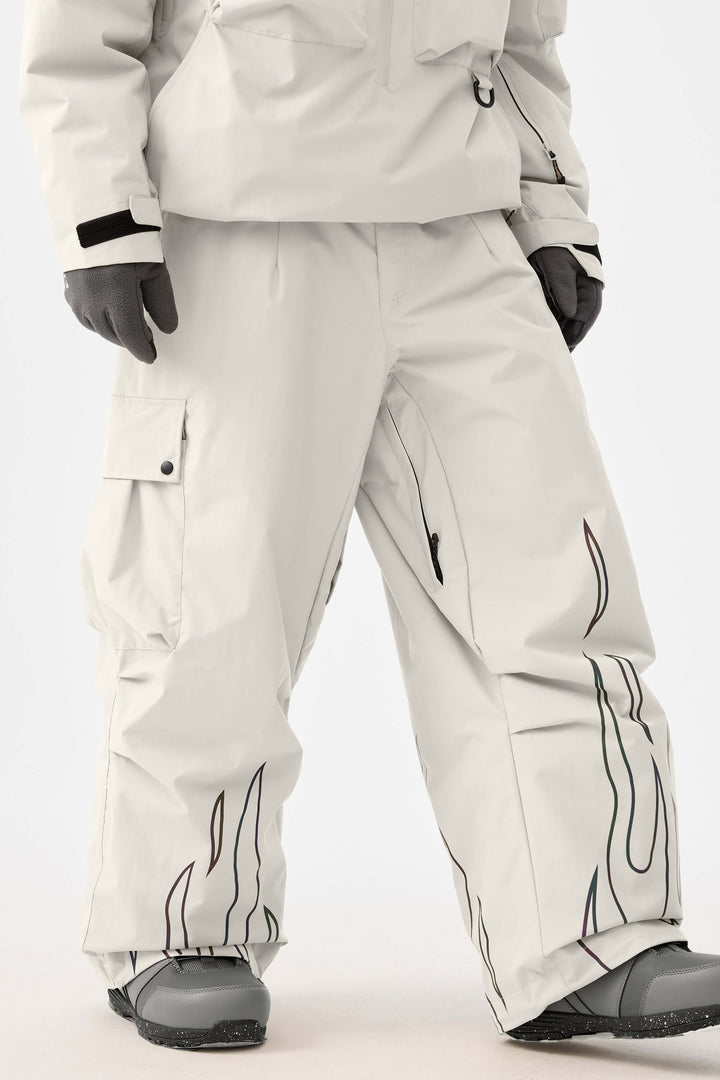 Męskie, wytrzymałe, odblaskowe spodnie śnieżne w kolorze off-white z efektem płomienia