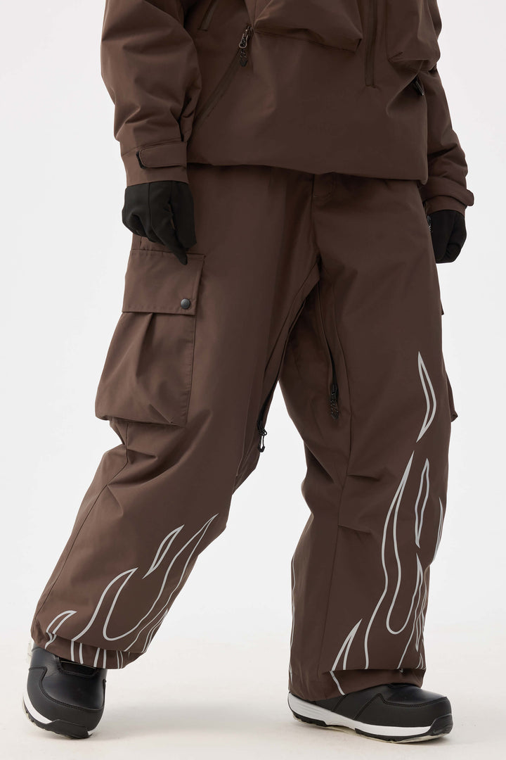 Damskie spodnie narciarskie Baggy Utility z odblaskowym płomieniem w kolorze kawy