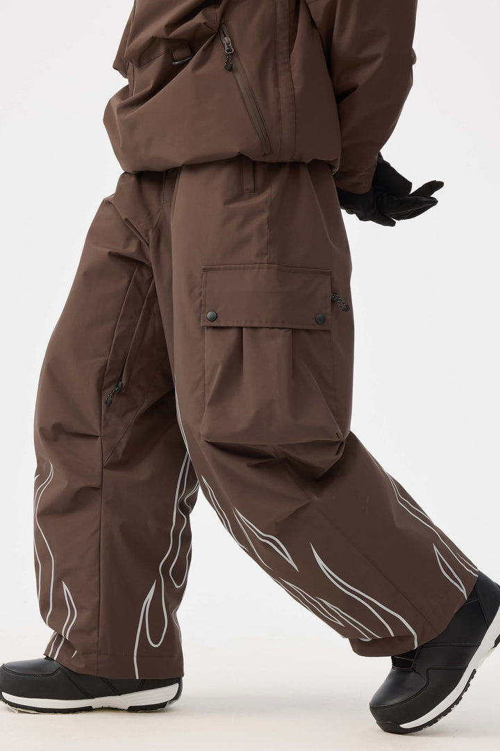 Damskie spodnie narciarskie Baggy Utility z odblaskowym płomieniem w kolorze kawy