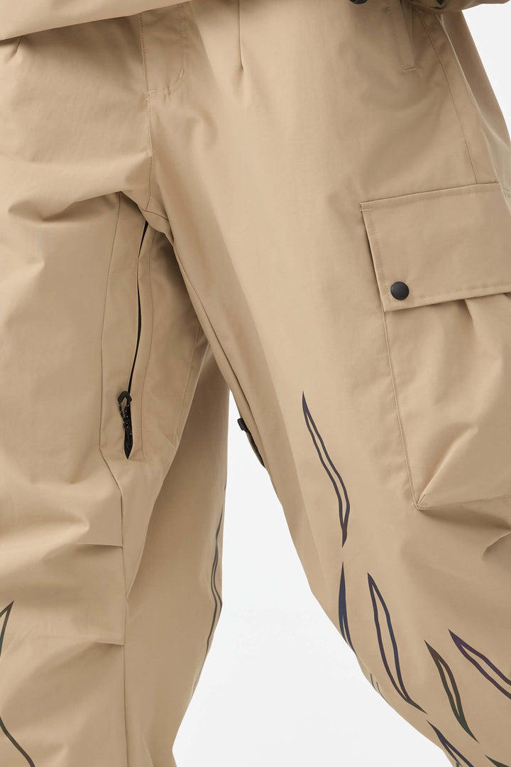 Damskie spodnie narciarskie Baggy Utility w kolorze khaki, odblaskowe i z efektem płomienia