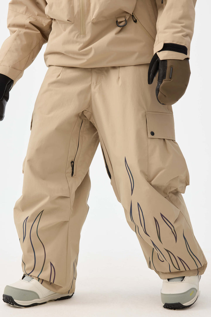 Damskie spodnie narciarskie Baggy Utility w kolorze khaki, odblaskowe i z efektem płomienia