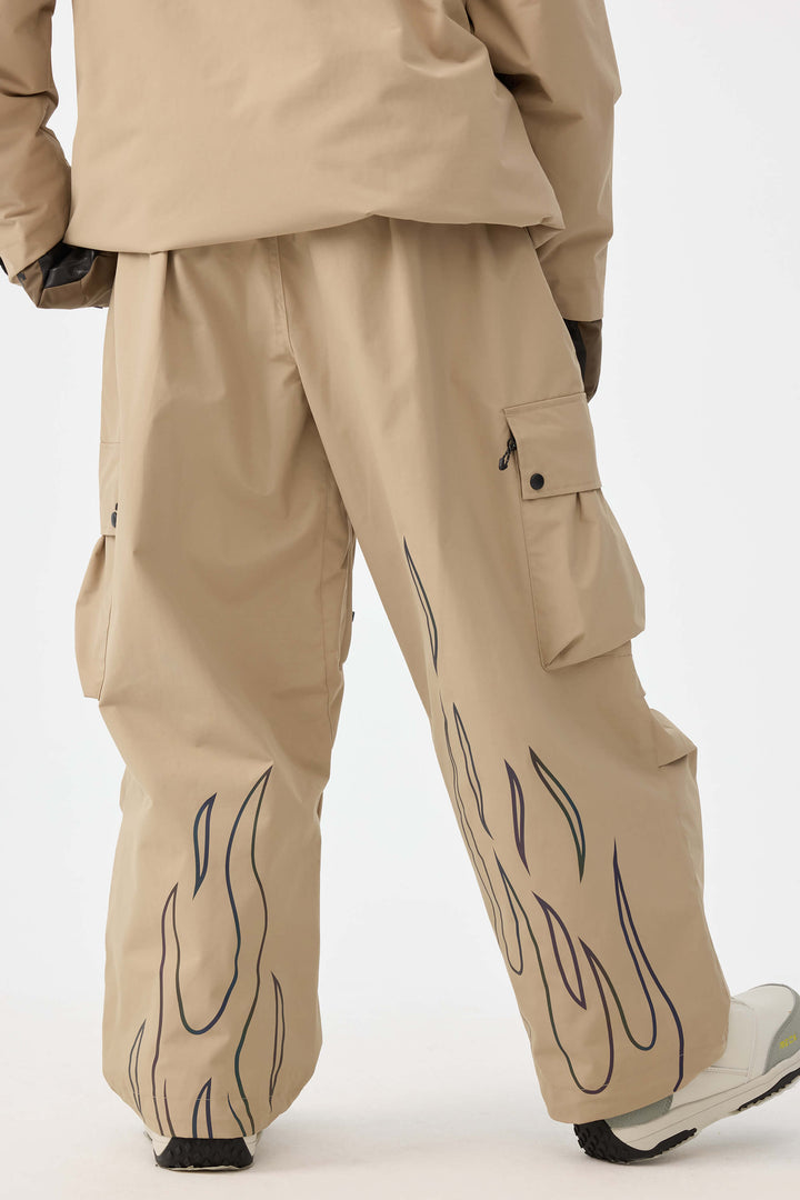 Damskie spodnie narciarskie Baggy Utility w kolorze khaki, odblaskowe i z efektem płomienia