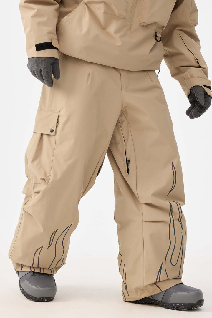 Pantalones de nieve utilitarios holgados color caqui reflectantes con llamas para hombre