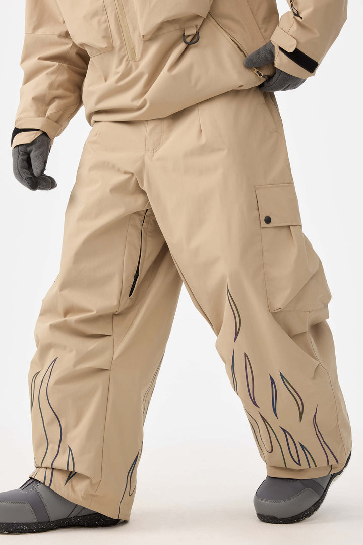 Pantalones de nieve utilitarios holgados color caqui reflectantes con llamas para hombre