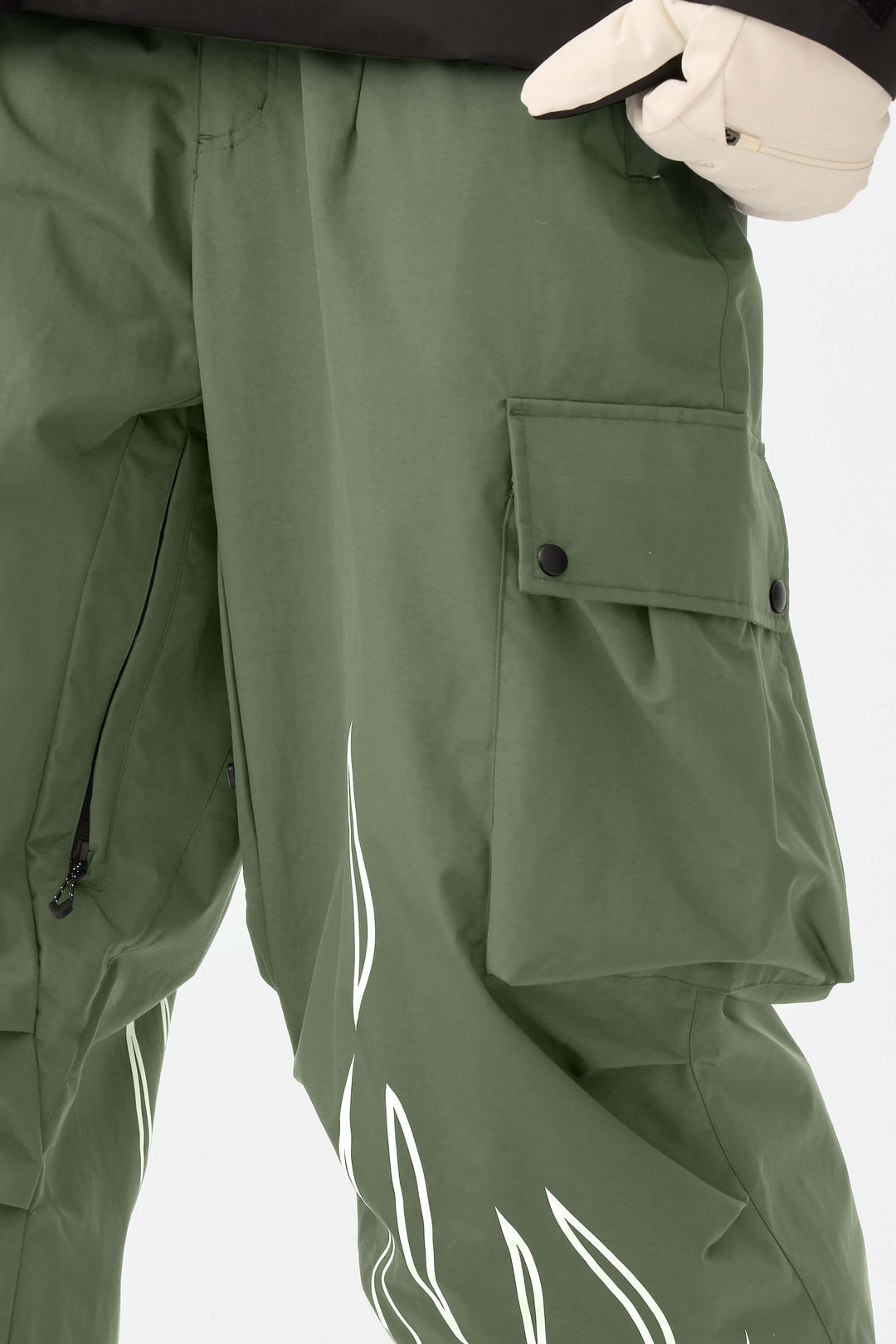 Dámské khaki reflexní kalhoty s plamenným potiskem