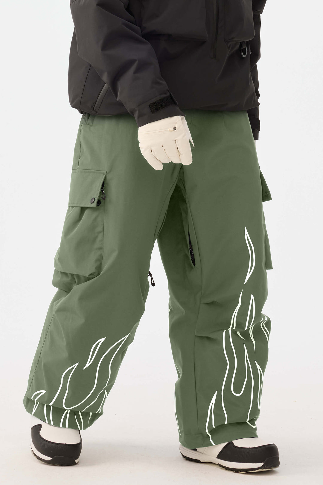 Dámské khaki reflexní kalhoty s plamenným potiskem