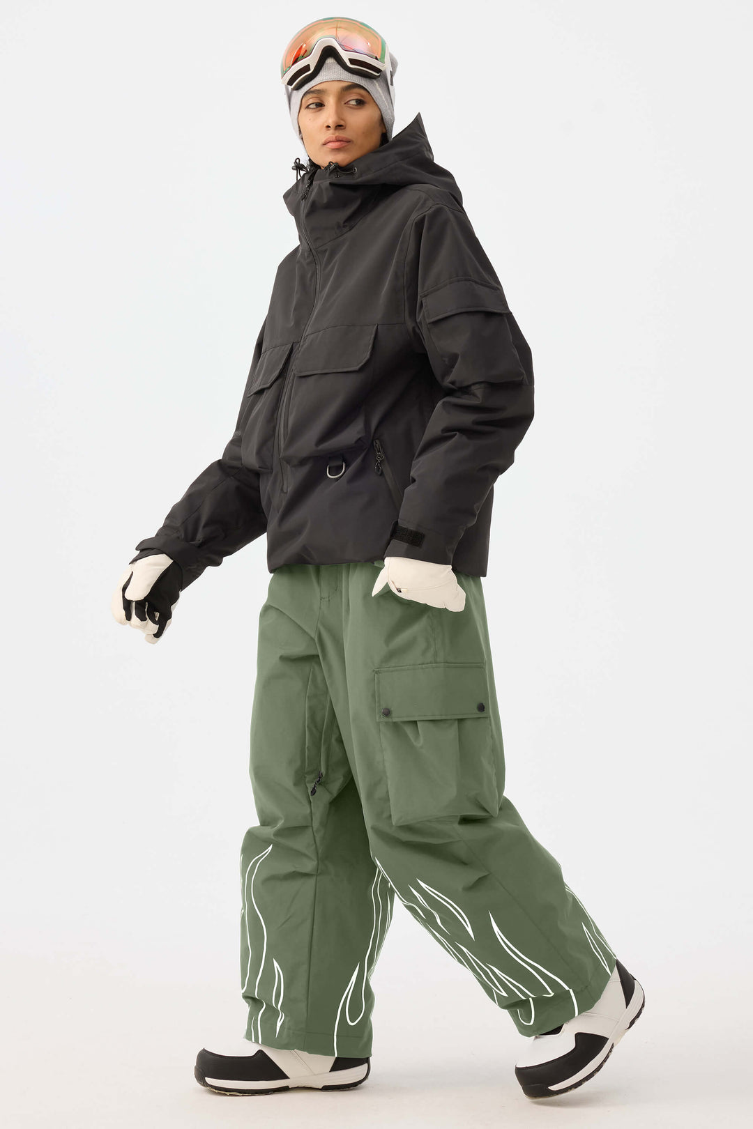 Dámské khaki reflexní kalhoty s plamenným potiskem