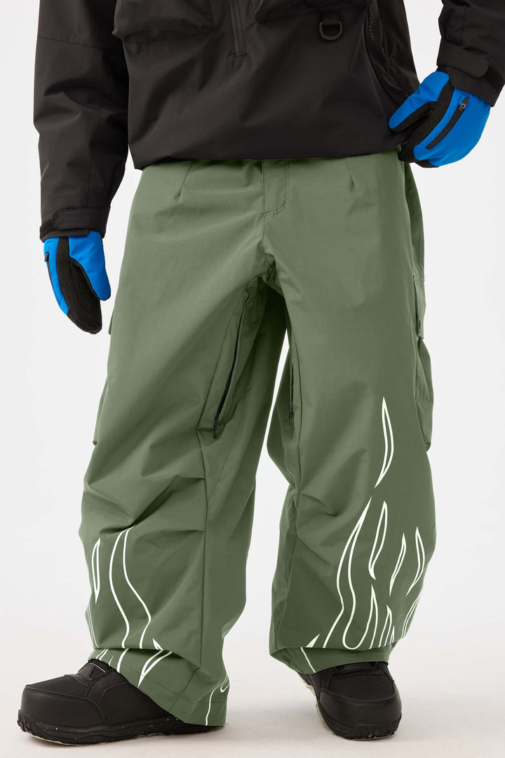 Men's Black Reflective Flame Baggy Utility Snow Pants
