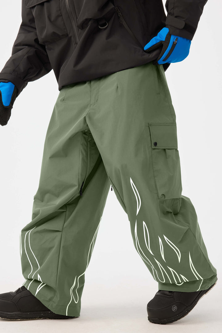 Men's Black Reflective Flame Baggy Utility Snow Pants