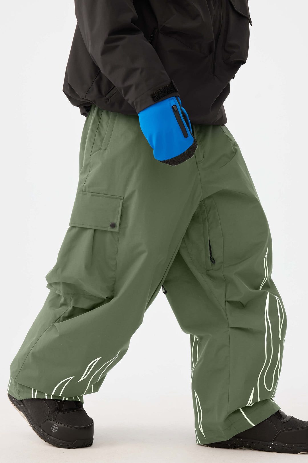 Men's Black Reflective Flame Baggy Utility Snow Pants