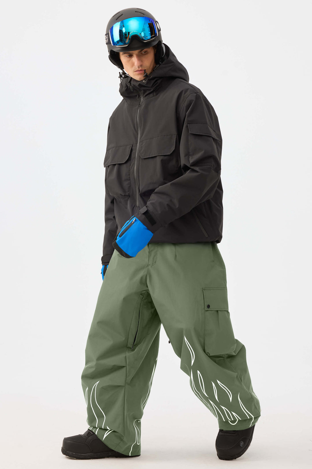 Pánské khaki reflexní kalhoty s plamenným potiskem