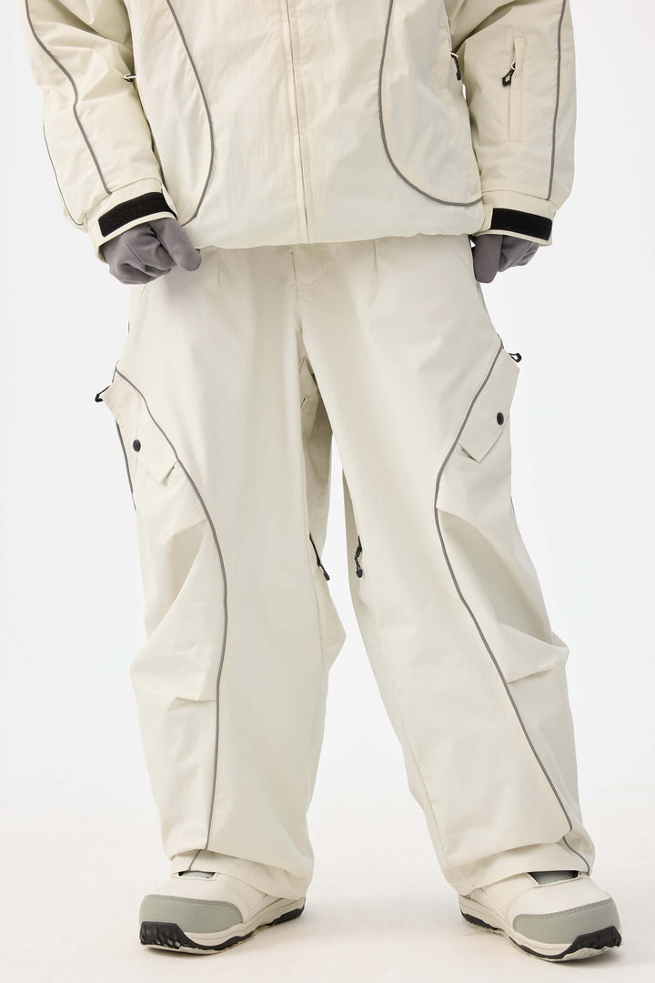 Women's Coffee Retro Track Reflective Piping Baggy Snow Pants