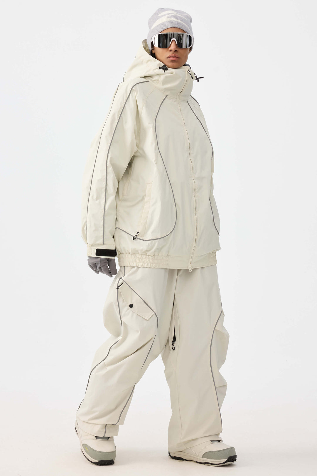 Women's Coffee Retro Track Reflective Piping Baggy Snow Pants