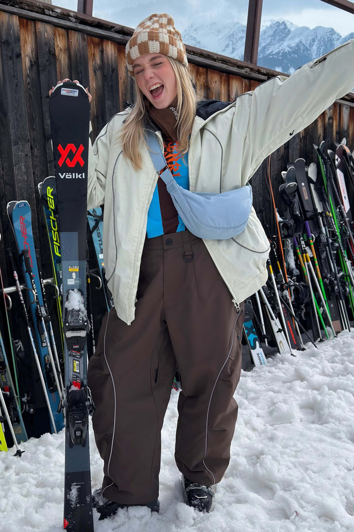 Women's Coffee Retro Track Reflective Piping Baggy Snow Pants