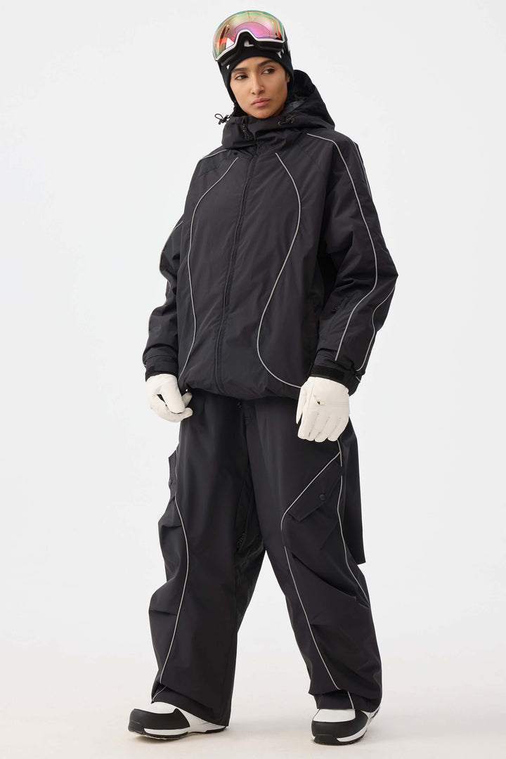 Women's Coffee Retro Track Reflective Piping Baggy Snow Pants