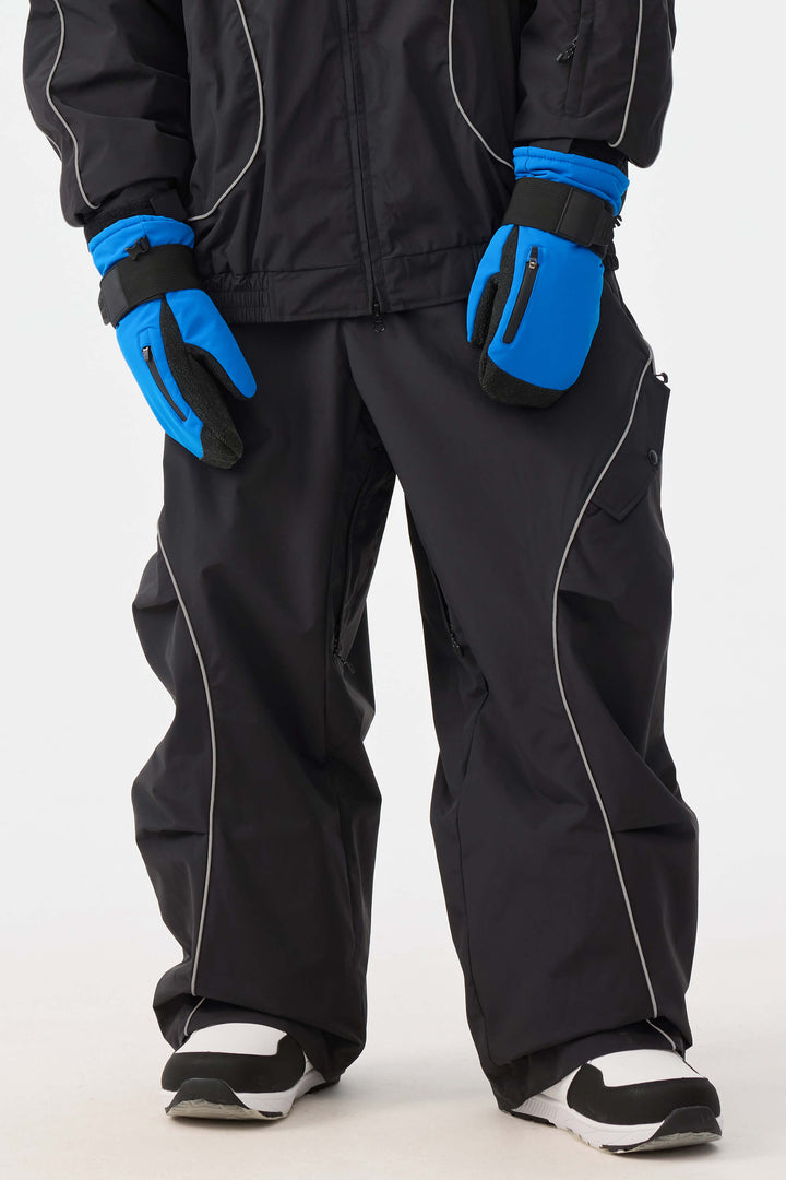 Schwarze Herren-Skihose im Retro-Stil mit reflektierenden Paspeln und Baggy-Schneeschuhmodell 