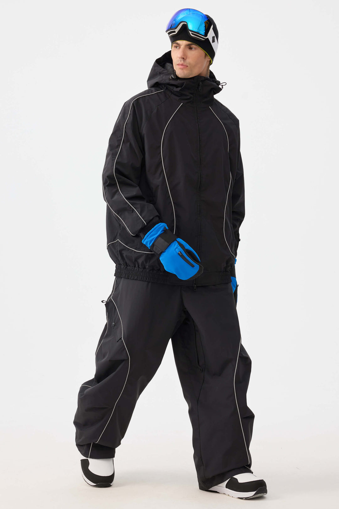 Schwarze Herren-Skihose im Retro-Stil mit reflektierenden Paspeln und Baggy-Schneeschuhmodell 