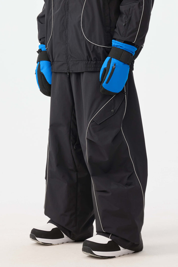 Schwarze Herren-Skihose im Retro-Stil mit reflektierenden Paspeln und Baggy-Schneeschuhmodell 