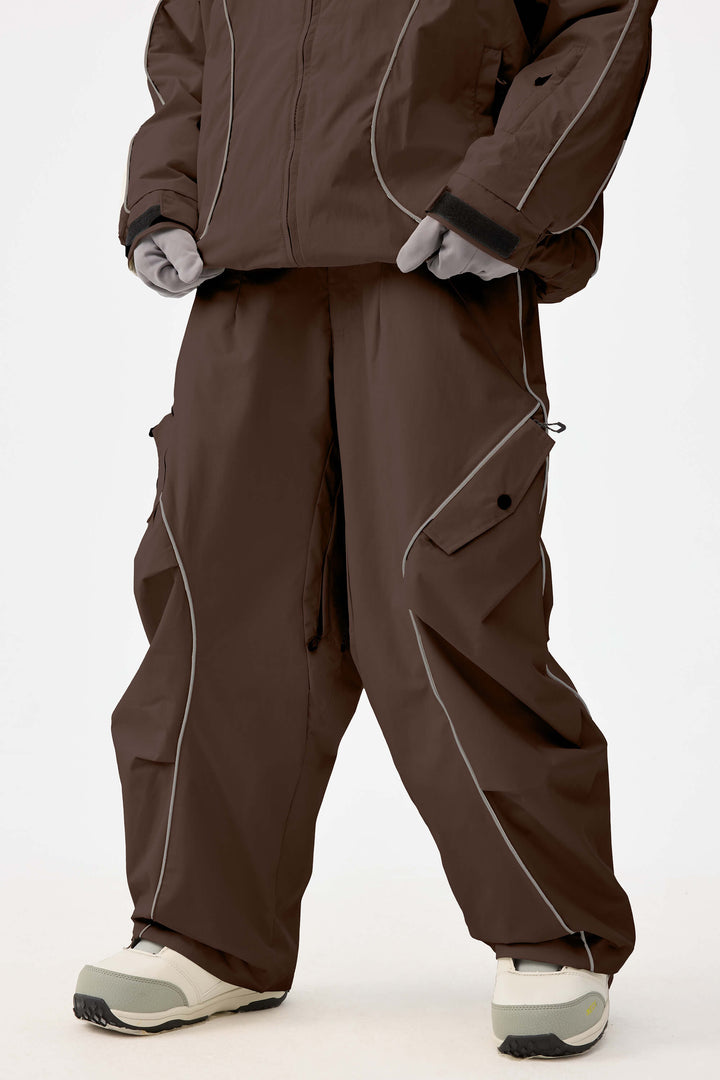 Women's Coffee Retro Track Reflective Piping Baggy Snow Pants