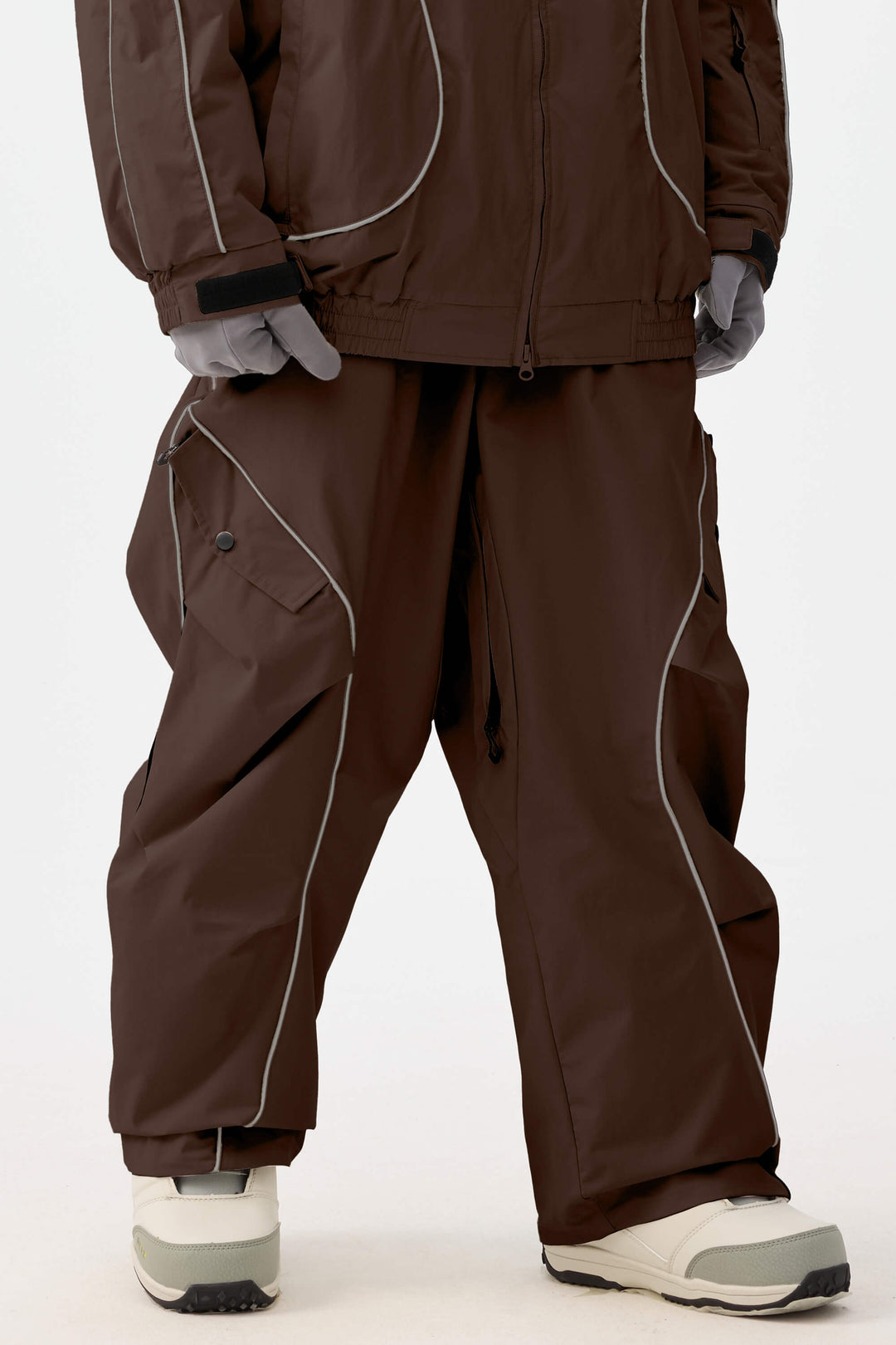 Women's Coffee Retro Track Reflective Piping Baggy Snow Pants