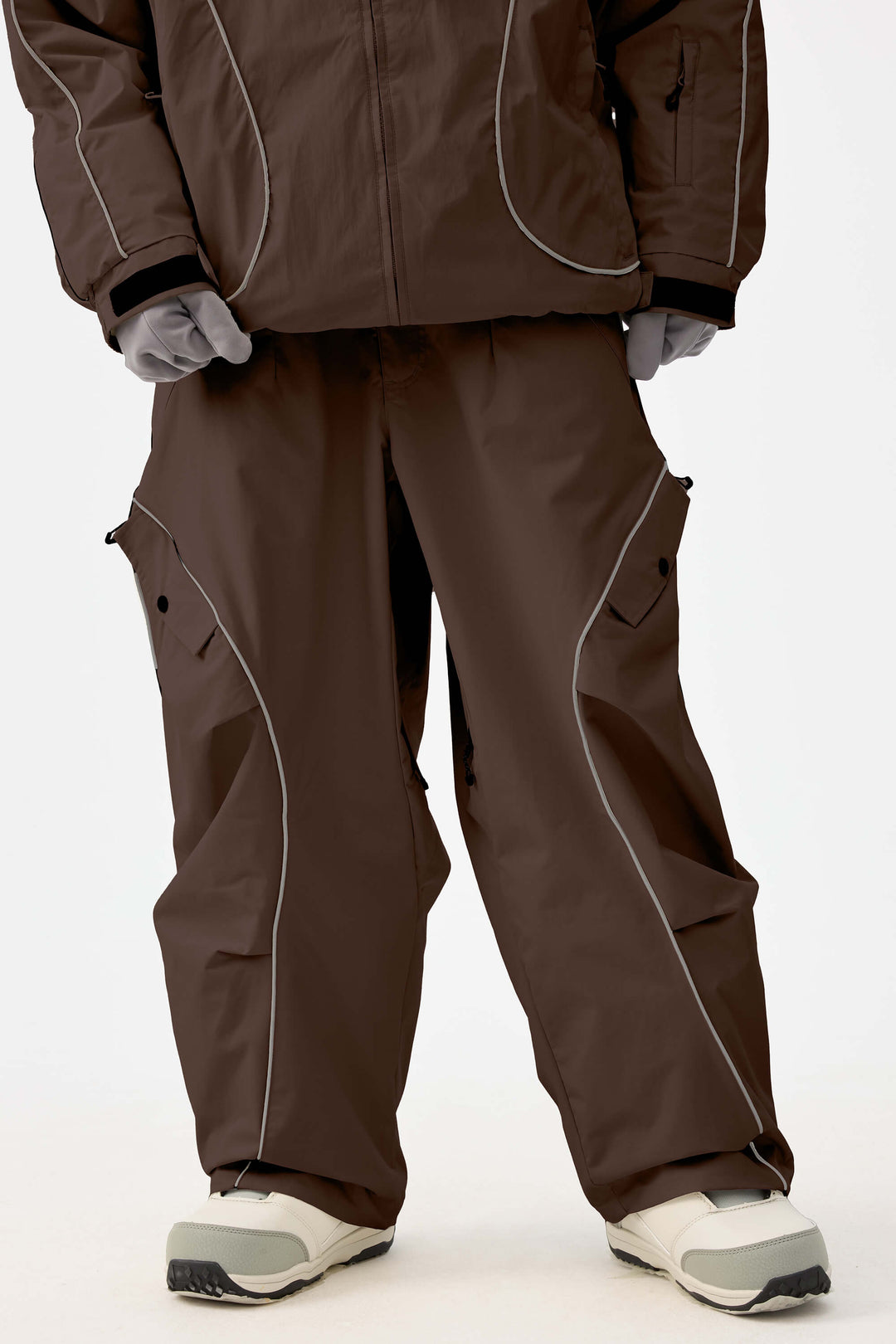 Women's Coffee Retro Track Reflective Piping Baggy Snow Pants