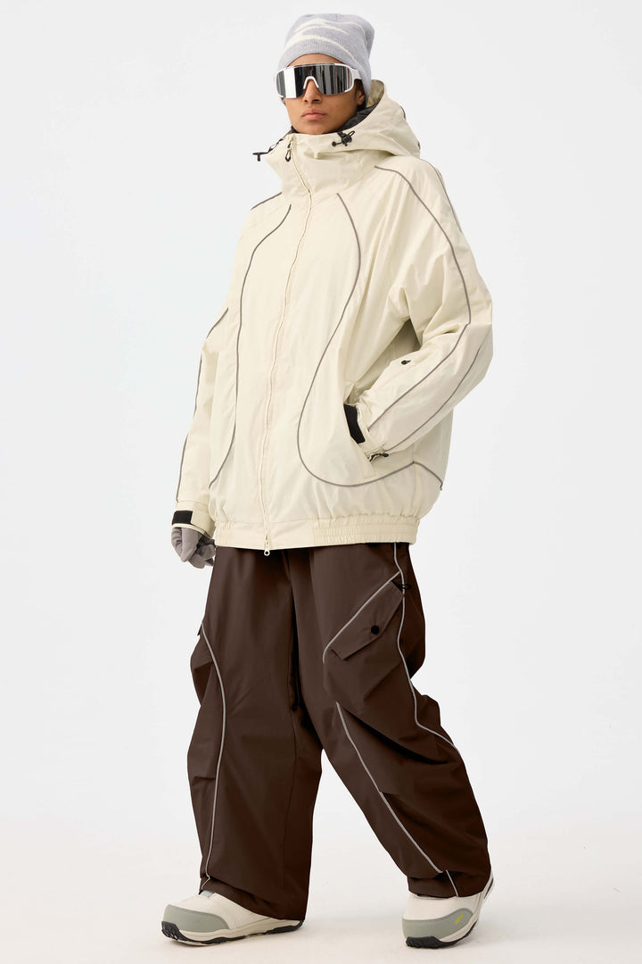 Women's Coffee Retro Track Reflective Piping Baggy Snow Pants