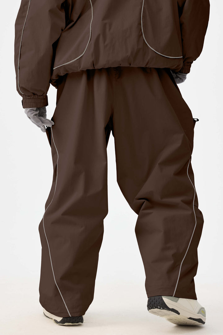 Women's Coffee Retro Track Reflective Piping Baggy Snow Pants