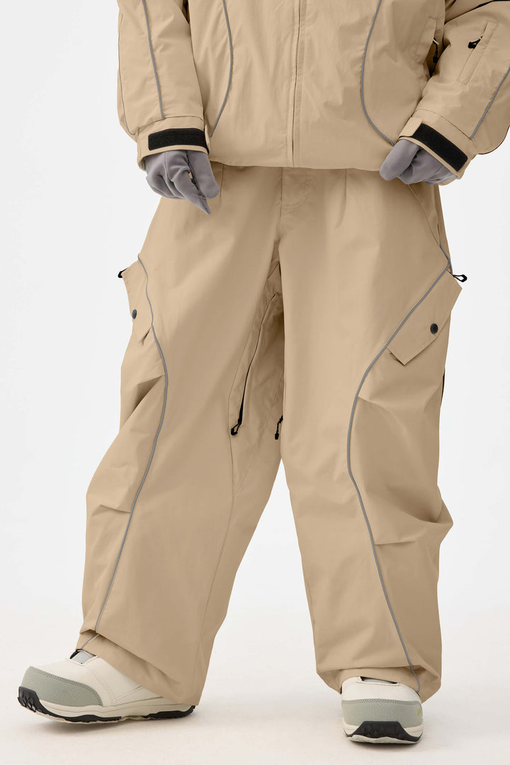 Women's Coffee Retro Track Reflective Piping Baggy Snow Pants