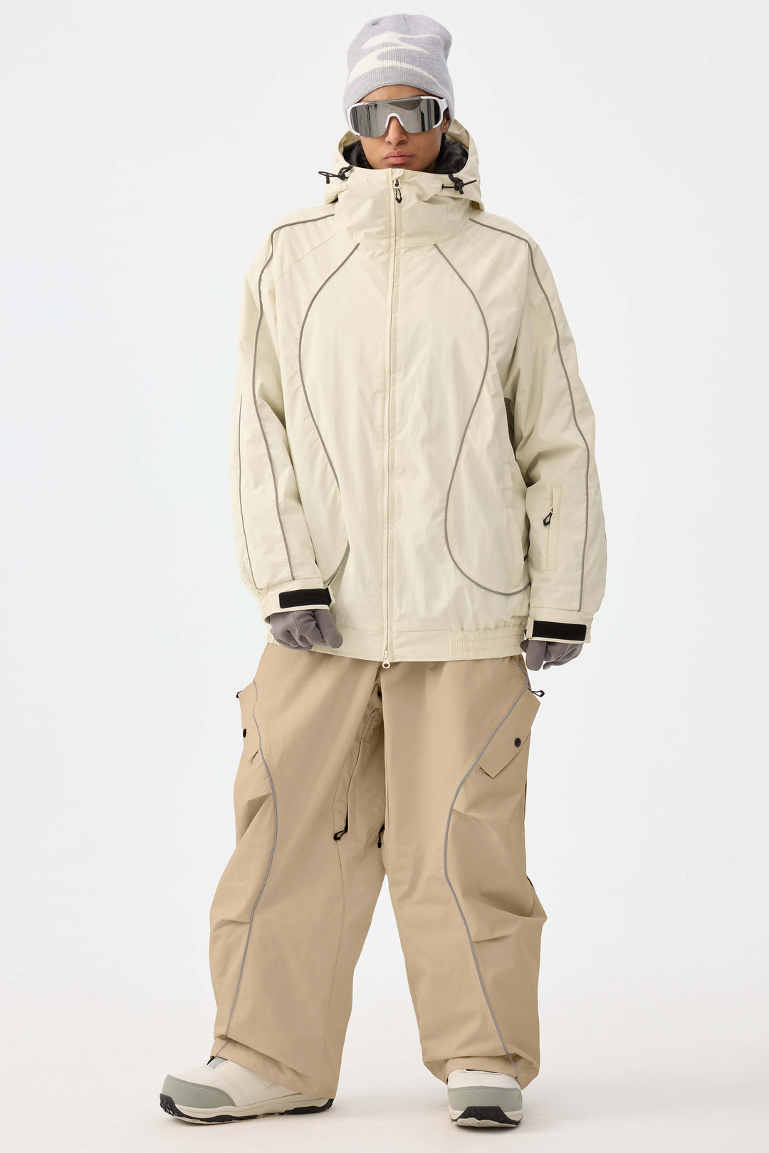 Women's Coffee Retro Track Reflective Piping Baggy Snow Pants