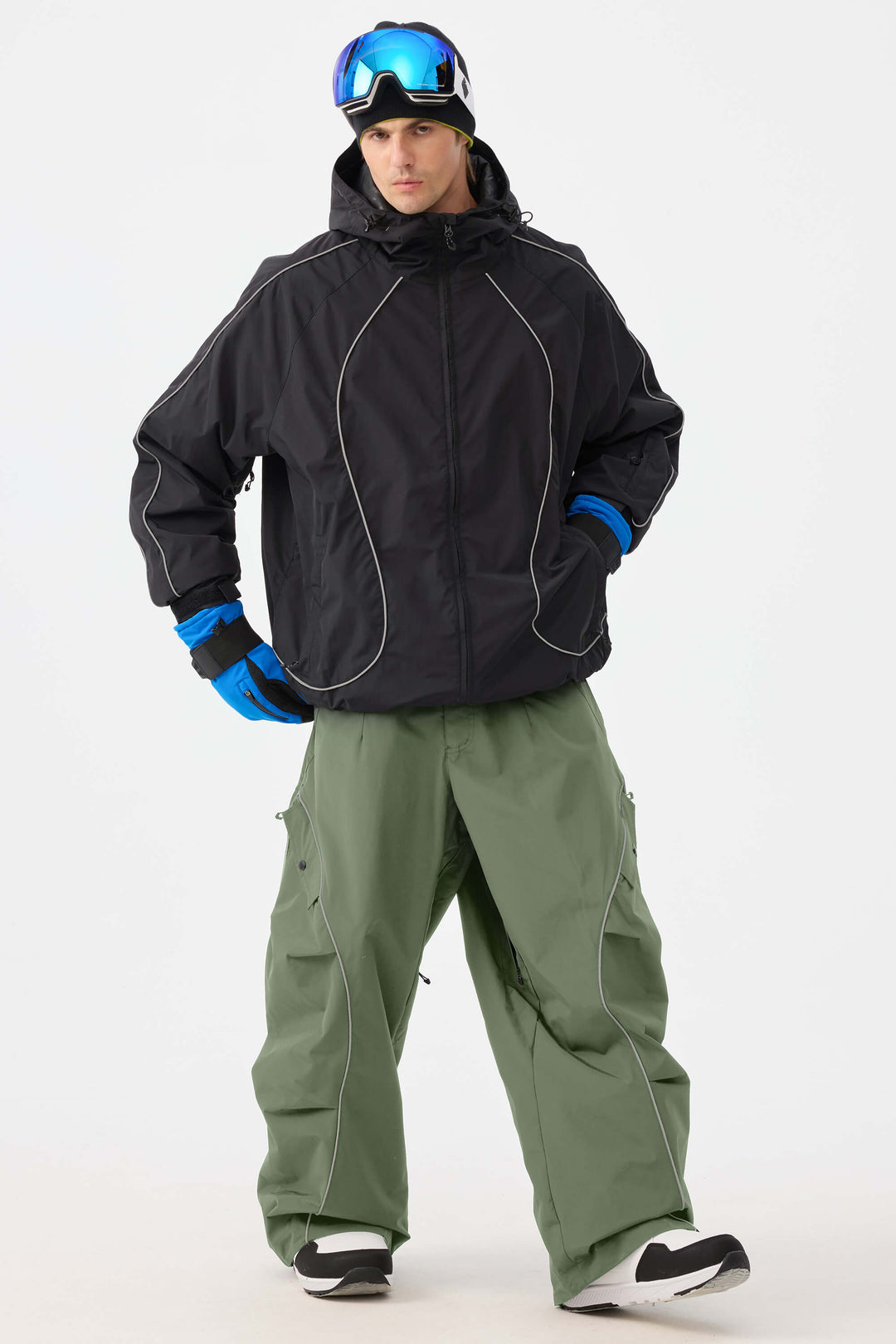 Men's Coffee Retro Track Reflective Piping Baggy Snow Pants