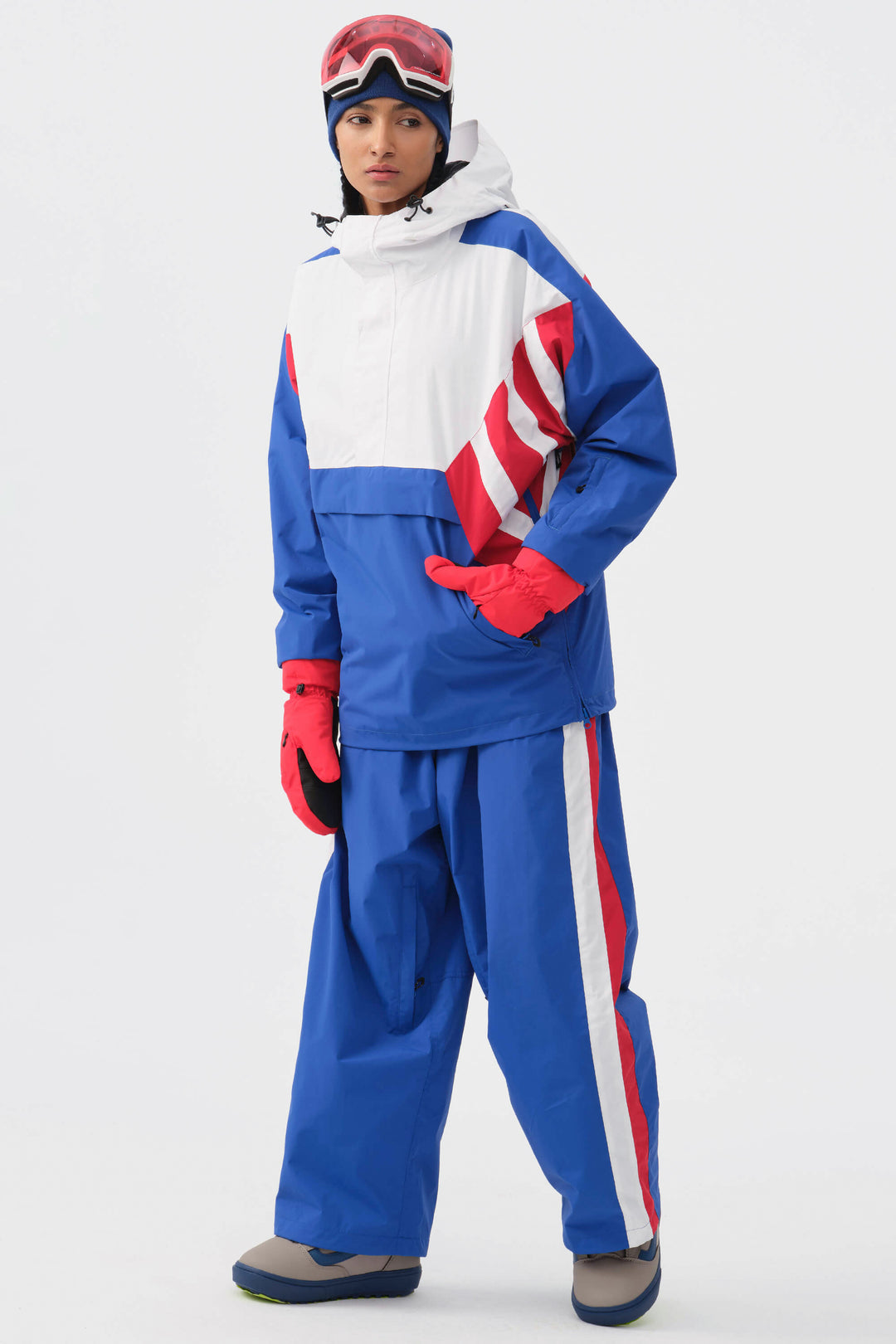 Damskie spodnie narciarskie Baggy Track w kolorze niebieskim i białym z lat 90. w stylu retro