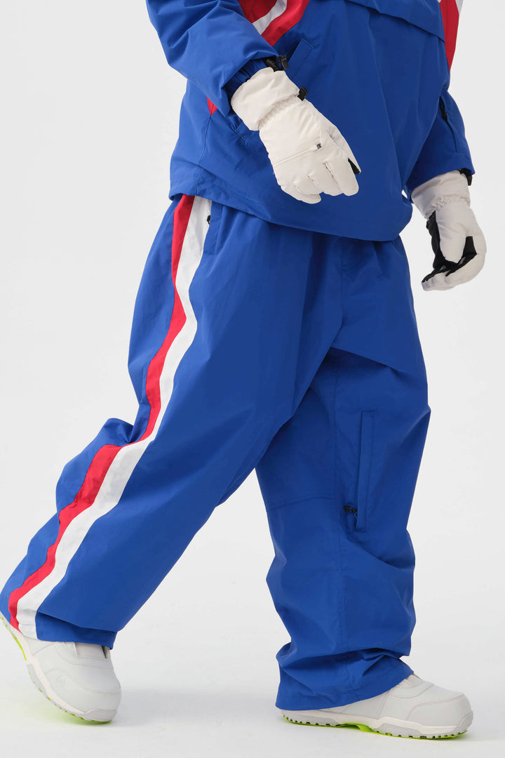 Heren zwarte en rode 90s retro track colorblock baggy sneeuwbroek