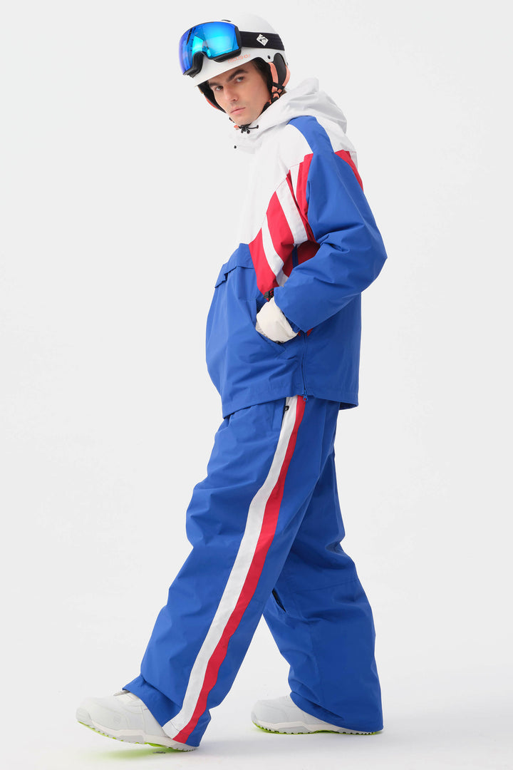 Heren blauw-witte 90s retro track colorblock baggy sneeuwbroek