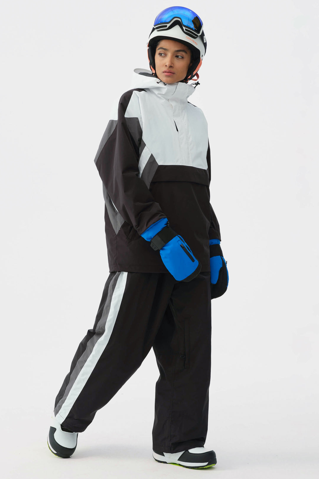 Dames zwart-witte 90s retro track colorblock baggy sneeuwbroek