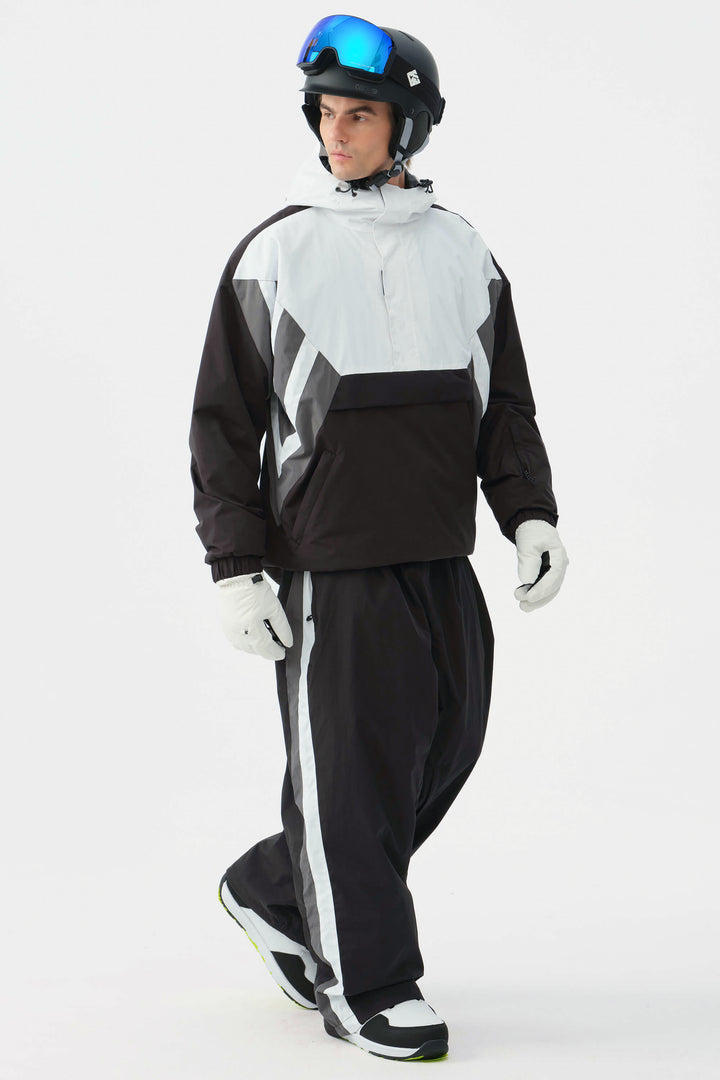 Heren zwart-witte 90s retro track colorblock baggy sneeuwbroek