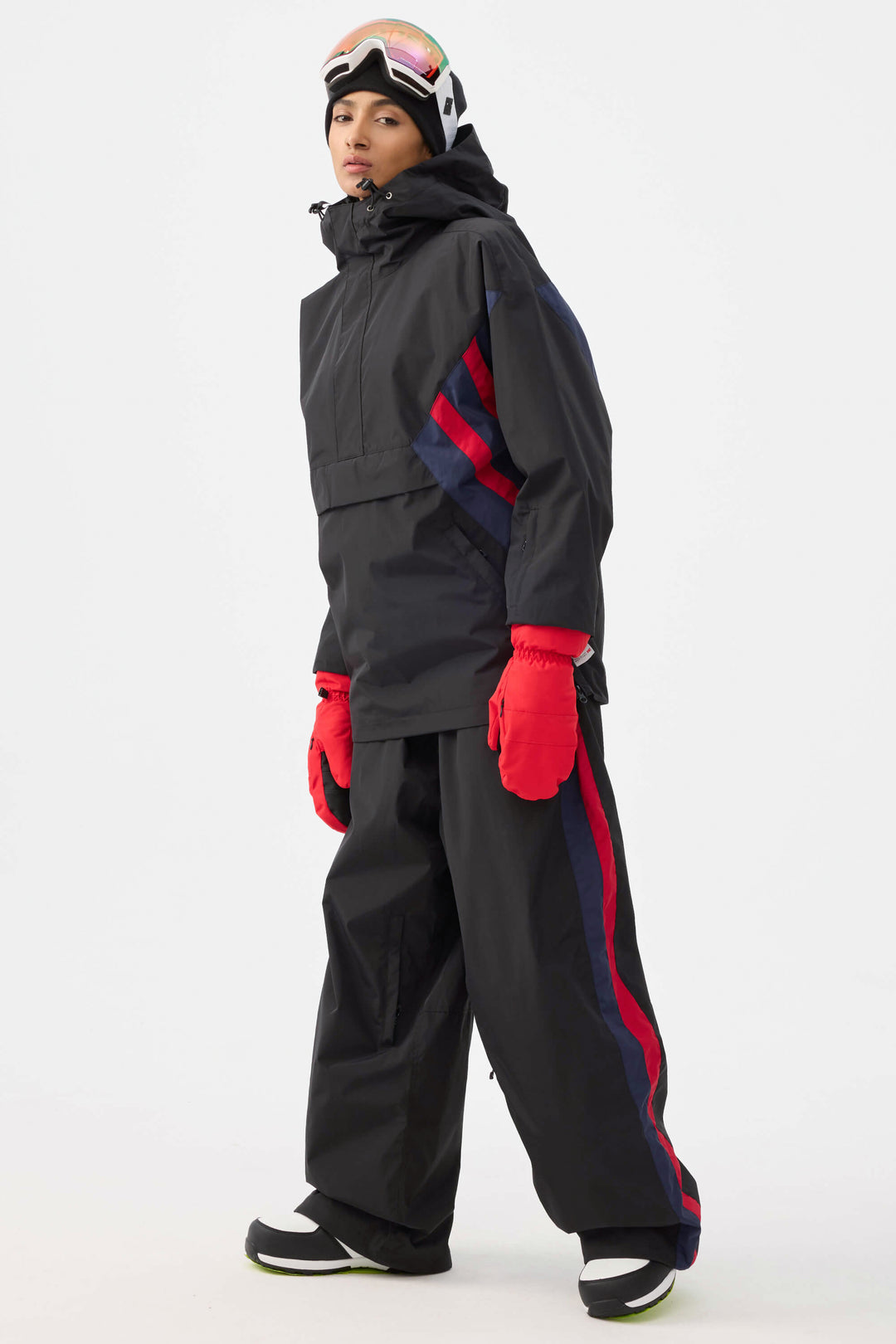 Damskie czarno-czerwone spodnie narciarskie Baggy w stylu retro z lat 90. w blokach kolorów