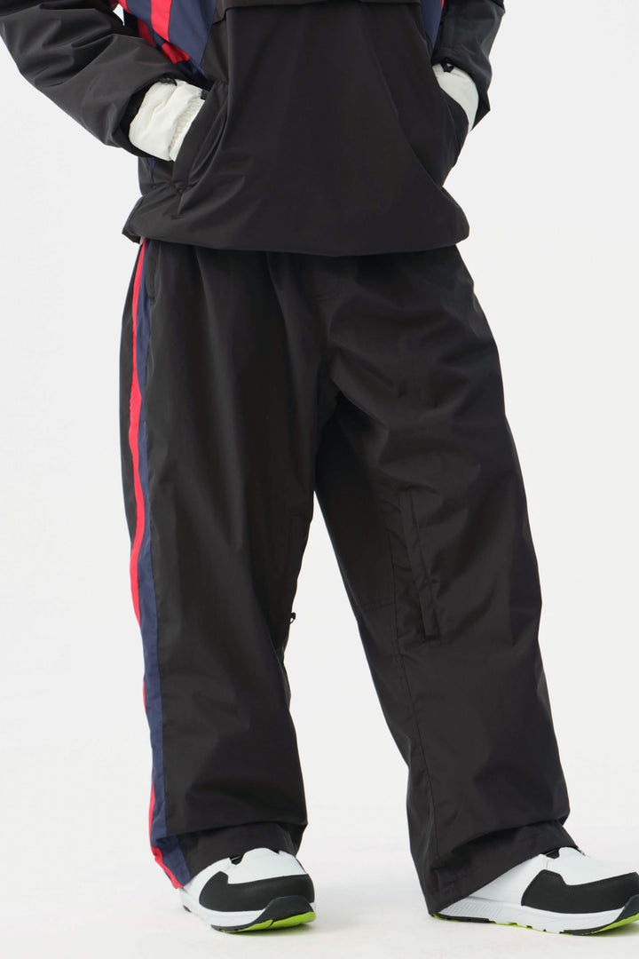 Heren zwarte en rode 90s retro track colorblock baggy sneeuwbroek