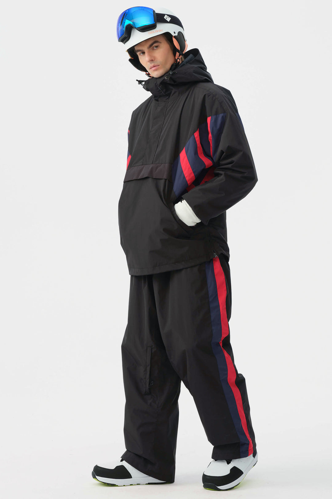 Heren zwarte en rode 90s retro track colorblock baggy sneeuwbroek