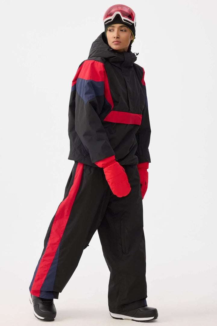 Women's Black & Red Heritage Athletic Colorblock Baggy Snow Pants